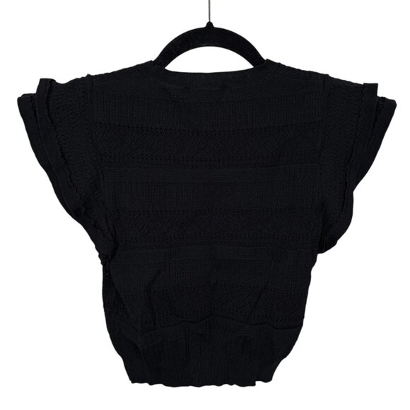 ZARA Black Stretchy Laser Cut Cropped Ruffled Short Sleeve Tee - Small - Picture 2 of 4